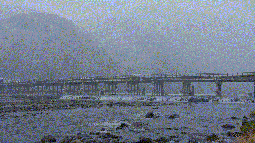 Snow Fall over Togetsu-Kyo Bridge and Katsura River.